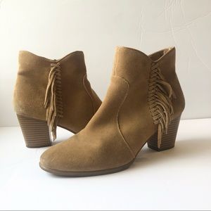 G.H Bass and Co suede tan high heeled booties with fringe detail